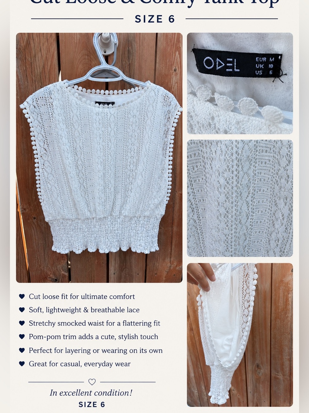 Odel White Lace Pom-Pom Trim Sleeveless Blouse